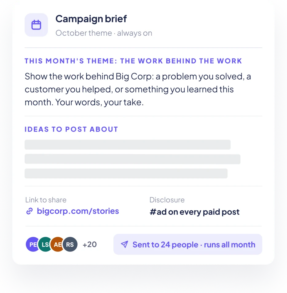 Example: a monthly campaign brief with the theme, post ideas, link, and #ad disclosure. Placeholder names.