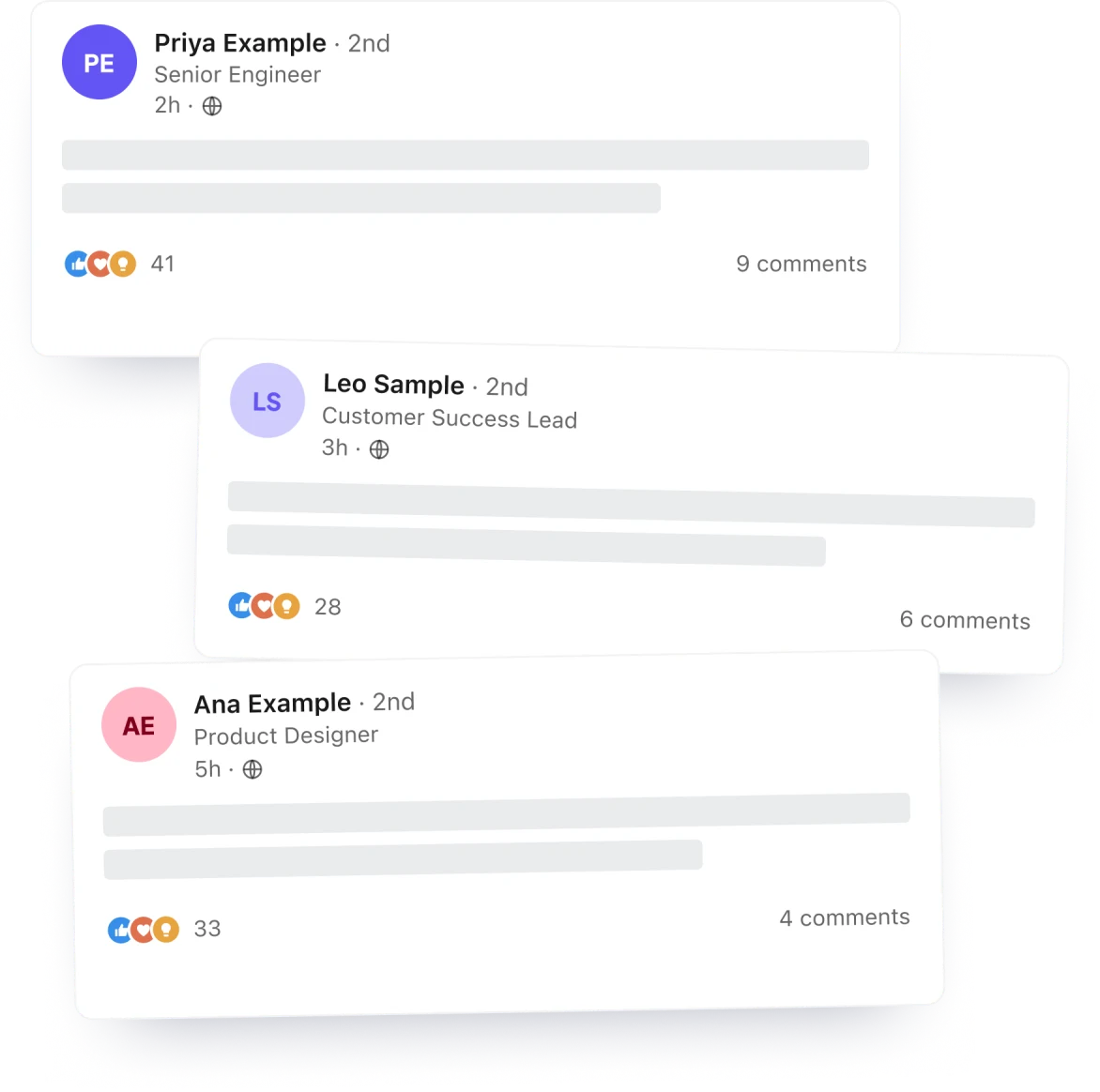 Example: three employees' LinkedIn posts on the same theme, each marked as a paid partnership. Placeholder names.