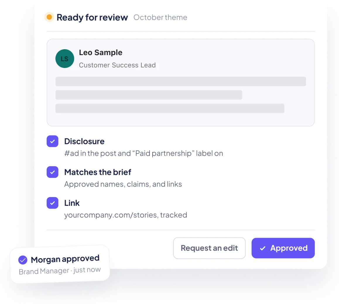 Example: a post waiting for review, with disclosure checks and a brand manager's approval. Placeholder names.