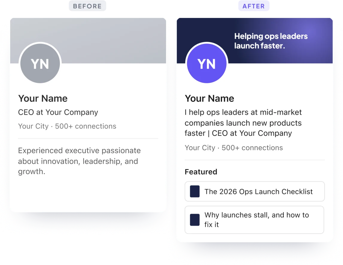 Example LinkedIn profile, before and after the positioning redesign. Placeholder names.