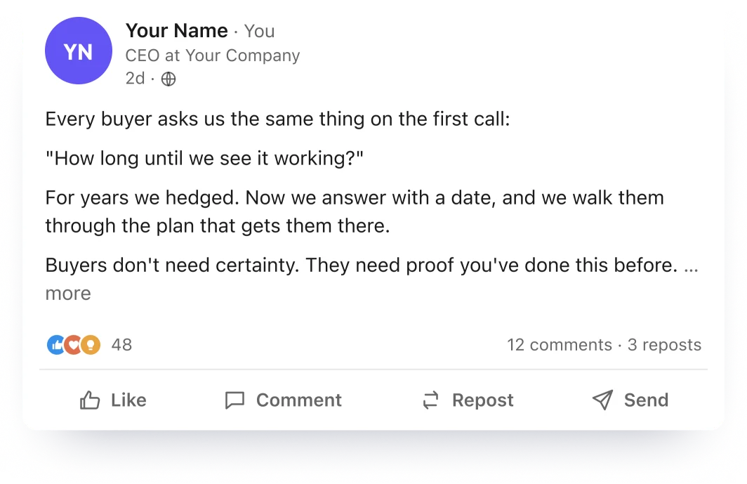 Example LinkedIn post written in your voice. Placeholder names.