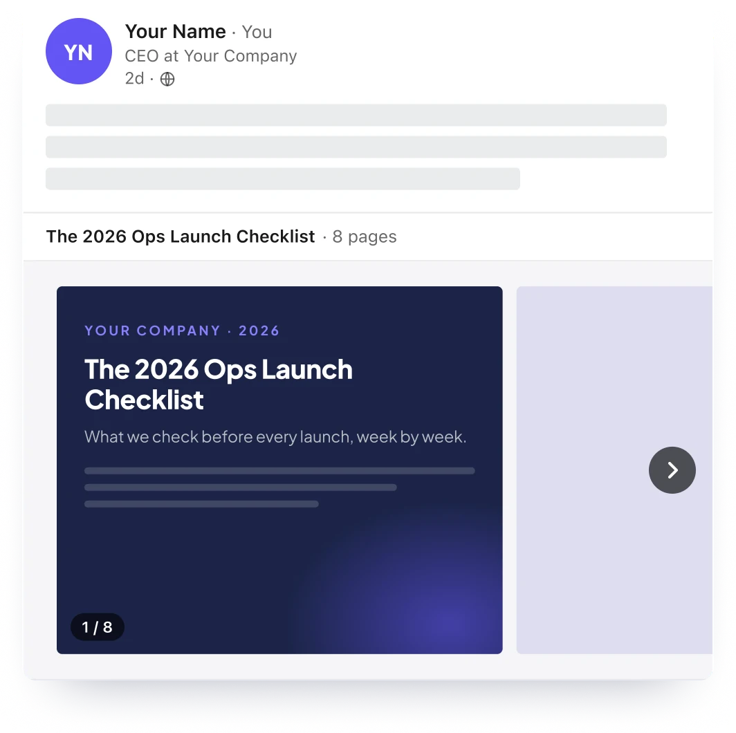 Example LinkedIn document post with a downloadable checklist. Placeholder names.
