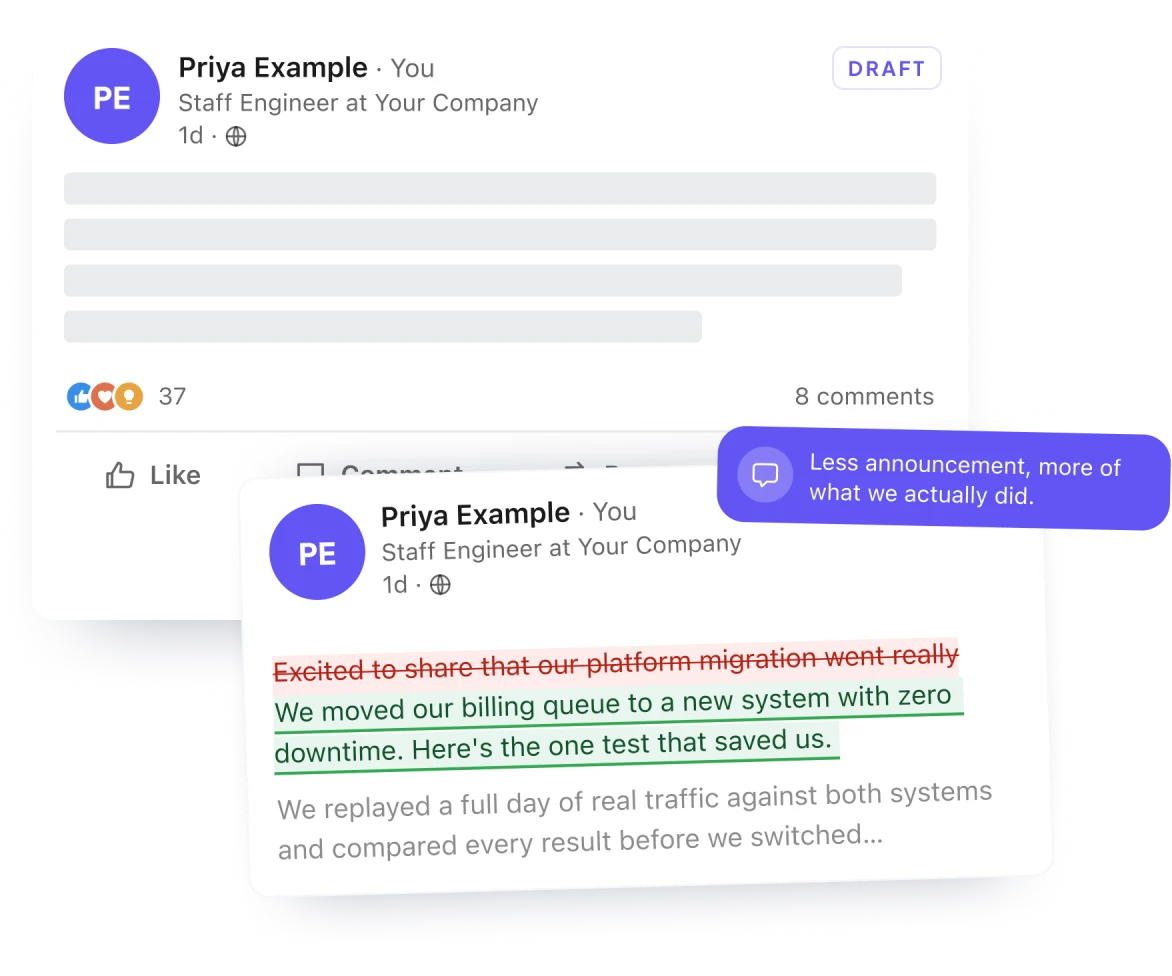 Example: a drafted post with the expert's edits, then their published LinkedIn post. Placeholder names.