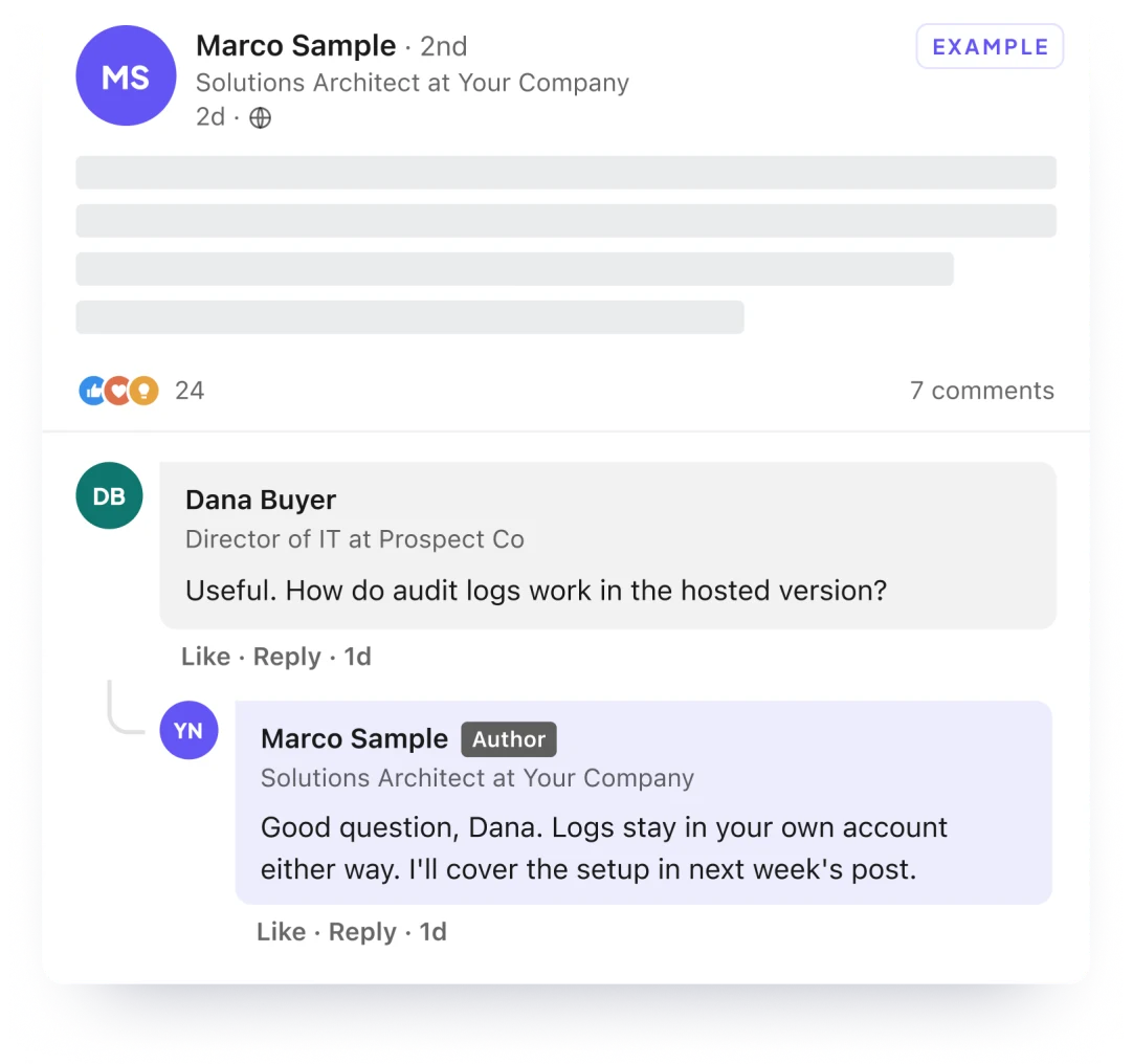 Example: a solutions architect's post, with the expert replying to a buyer. Placeholder names.