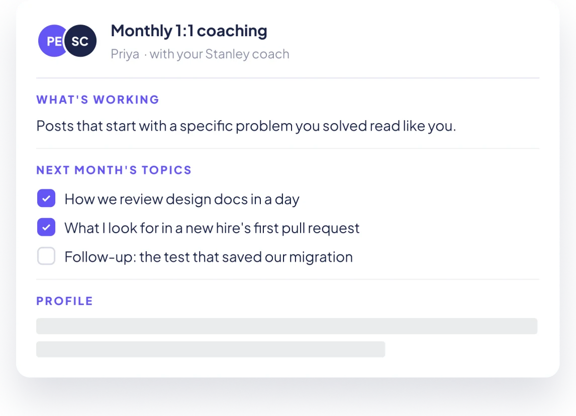 Example: notes from a monthly 1:1 coaching session. Placeholder names.